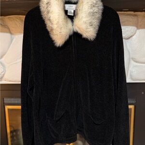 Lisa International Black Teddy Jacket with Cream Faux Fur Collar